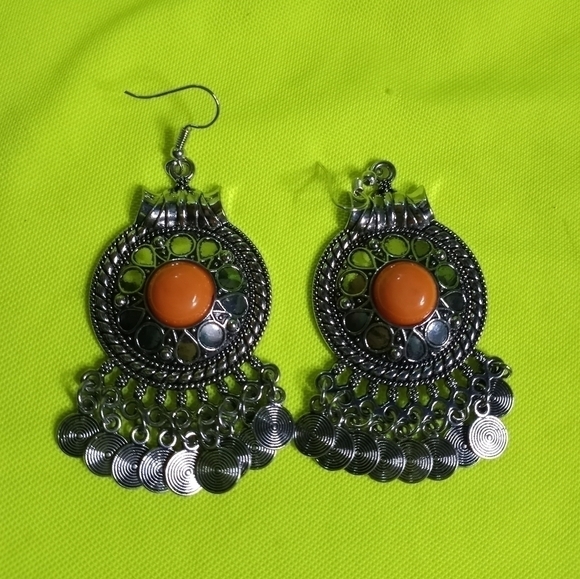 Silvertone orange dangle wire earrings - Picture 1 of 5
